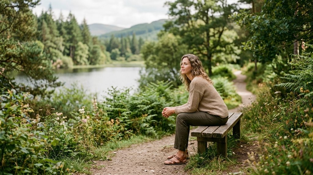 mulher sentada em um banco de madeira em um lugar com muitas arvores e um lago